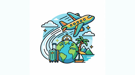 Fototapeta premium Colorful illustration of a plane flying over the globe with luggage and tropical scenery