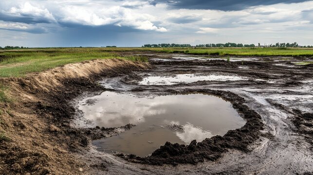 Barren rural landscape with muddy puddles and tire tracks under an overcast sky