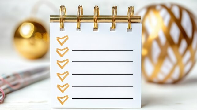 Blank New Year's resolution checklist on a gold spiral-bound notebook with lines for writing goals and tasks