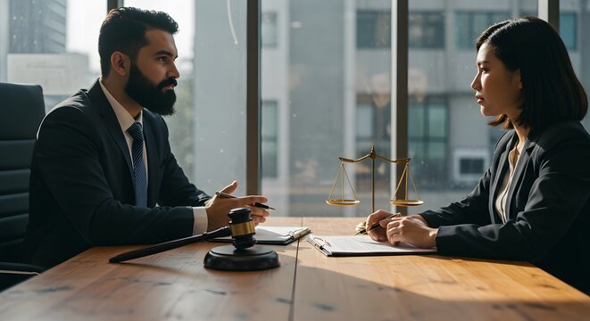 Business Meeting Between Man and Woman in Modern Office with Legal Symbols