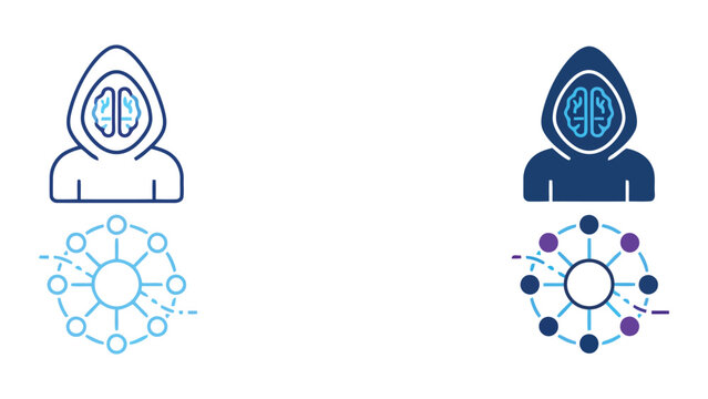 Hacker profile icon with digital neural network nodes in outline and solid styles representing cybersecurity and internet privacy concepts isolated on white background for tech security