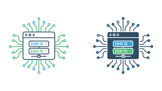 Software development server management icon with coding syntax bracket and circuit board nodes for backend infrastructure and web application deployment technology and programming services