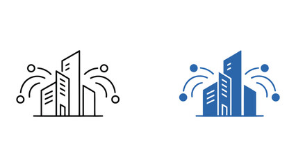 Obraz premium Smart building and city infrastructure connectivity icon set in line and solid blue style isolated on white for urban technology and IoT network architecture software design system graphics