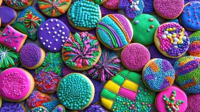A vibrant assortment of meticulously decorated sugar cookies with diverse colorful icing designs, presented beautifully.