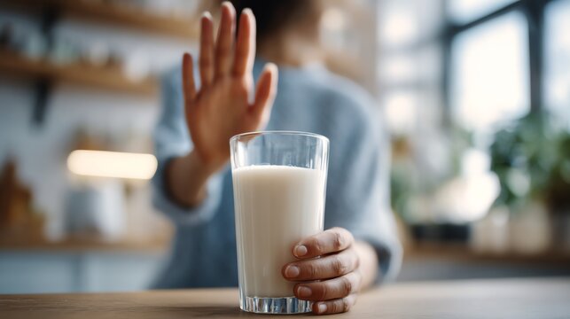 A person refusing a glass of milk.
