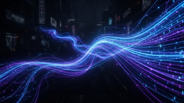 Futuristic abstract background featuring glowing blue and purple light trails representing high-speed digital data transfer, fiber optics, and binary code over a dark city background.
