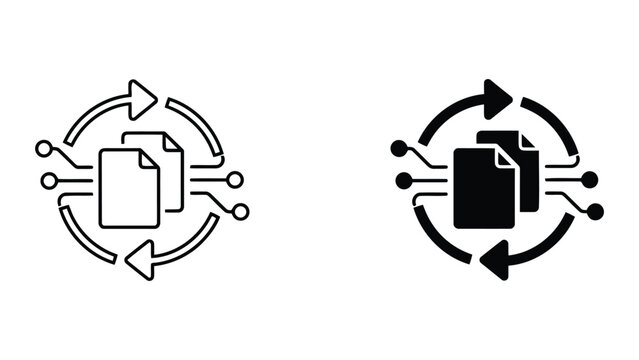 Document synchronization and data file transfer icons featuring cloud processing and digital information flow symbols in clean vector style for enterprise software and database management solutions