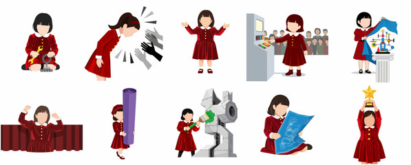 Fototapeta premium Little girl in red dress illustration set, female empowerment concept for children, STEM education, creative arts, engineering, invention, public speaking, and success icons.