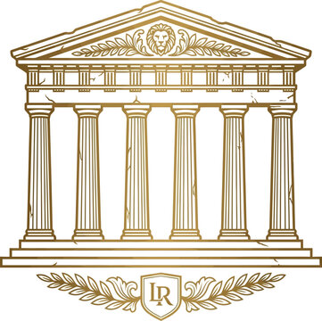 Gold line of ancient temple with columns and lion emblem line lion