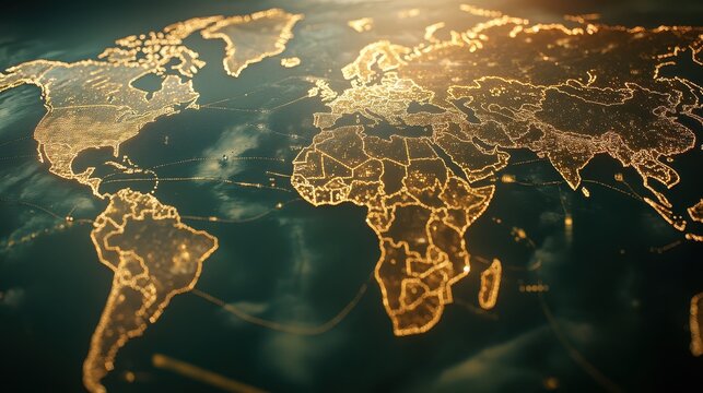 Detailed digital map of the world highlighting continents and global connections with glowing light, representing interconnected economies and data networks.