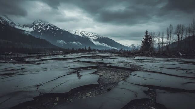 Devastated mountain valley landscape with cracked roads and broken bridges under overcast skies