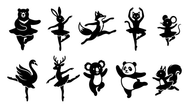 Panda Rabbit and Cat Dancing Silhouettes Icon Set in Black Vector Style for Playful Character Designs