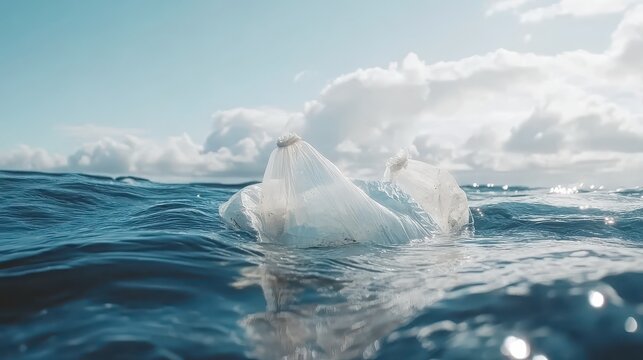Discarded plastic bag floating on the surface of the ocean under a bright sky with fluffy clouds