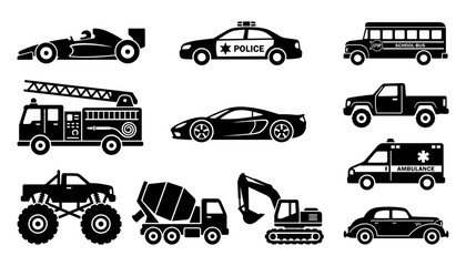 Transport Vehicles Icon Set with Police Car Ambulance Bus Truck and Various Car Silhouettes in Black Vector Style © Afjal12