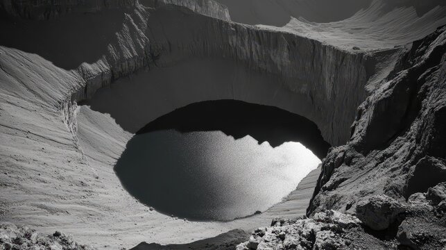 Dramatic Black and White Aerial View of a Majestic Mountain Crater Lake