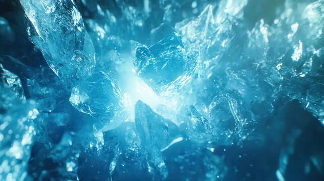 Dramatic close-up of melting glacier ice chunks breaking off, showcasing visible climate change effects