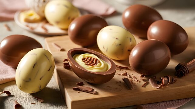 Chocolate Easter eggs on wooden board, some cut open