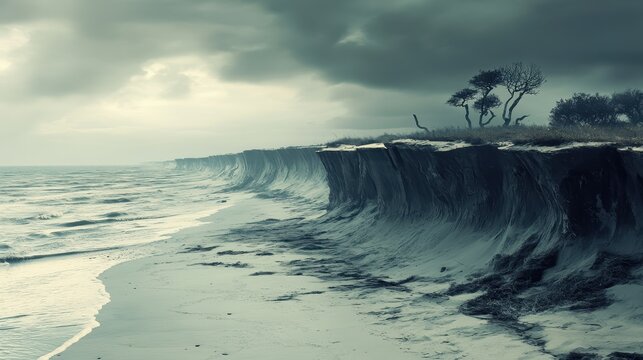 Dramatic coastal erosion along a stormy beach as the ocean relentlessly carves away the land