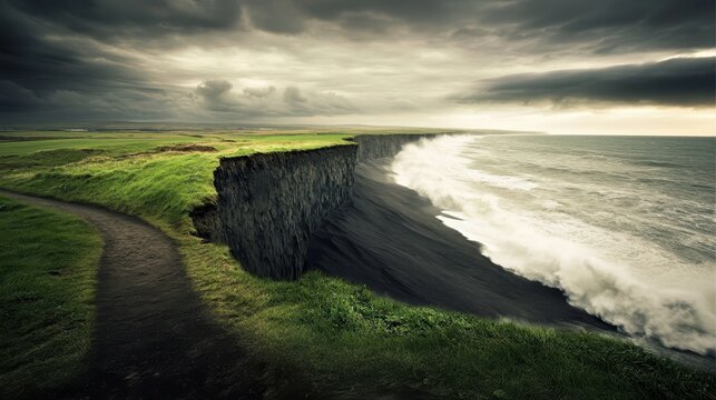 Dramatic coastal cliffs experiencing powerful wave erosion under an overcast sky.
