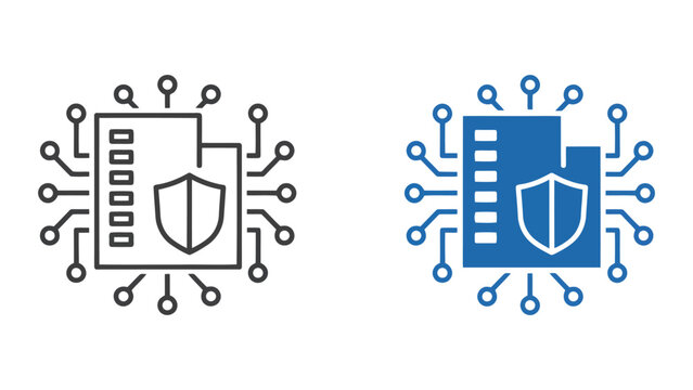 Digital document protection icon set featuring file folder with shield symbol and circuit board node connections for secure data management and encrypted file storage systems and enterprise security