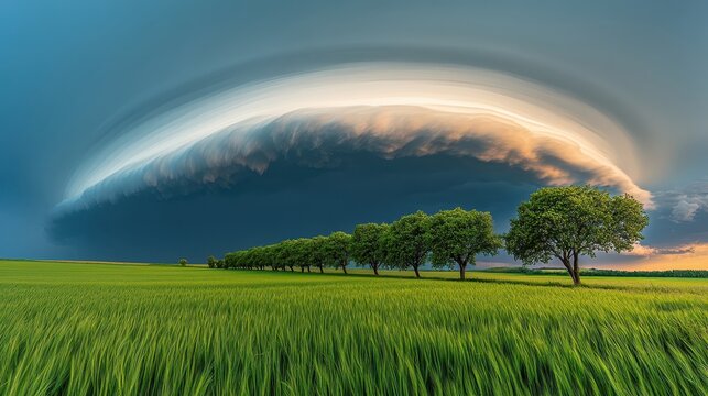 Dramatic storm clouds loom over a green rural landscape with a line of trees and a field of grass