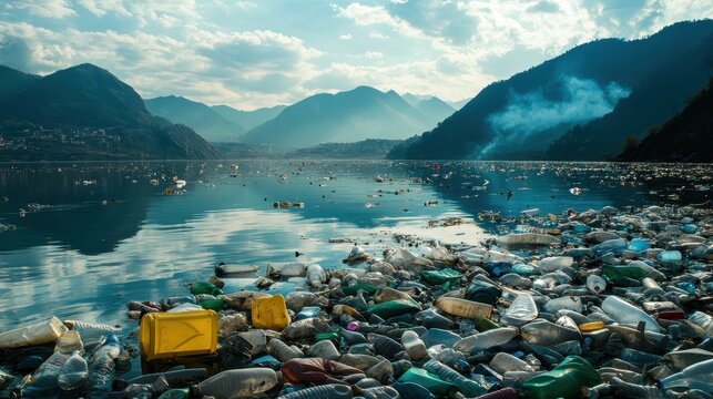 Floating plastic debris gathered on the surface of a polluted lake with mountains reflected in the water