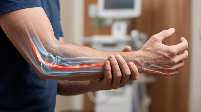 Man Suffering From Cubital Tunnel Syndrome With Ulnar Nerve Anatomy Overlay