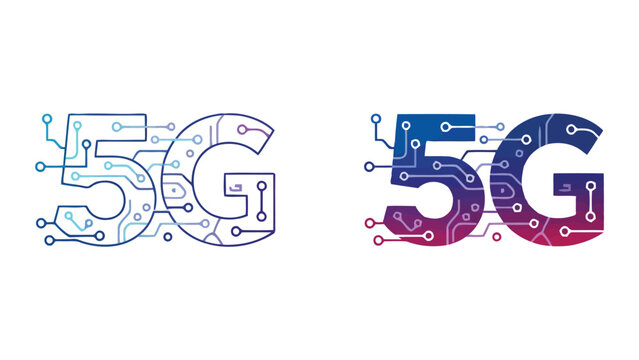 5G technology logo with integrated digital circuit board pathways and nodes in a vibrant gradient vector style for telecommunications and high-speed network connectivity business branding