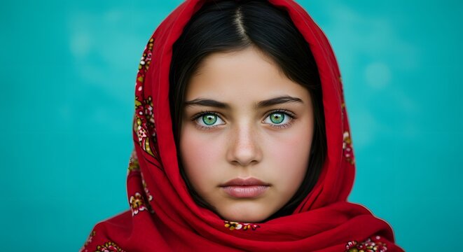 Young Girl with Green Eyes Wearing Red Headscarf in Outdoor Setting