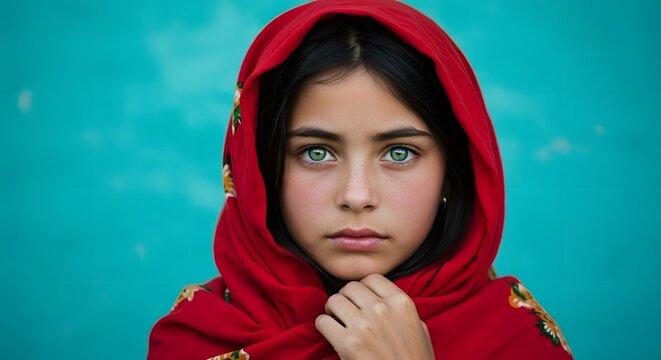 Young Girl with Bright Green Eyes Wearing Red Headscarf Against Blue Sky