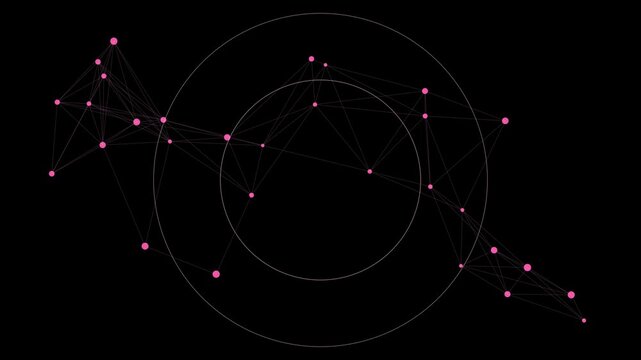 Pink digital plexus network animation 4k background, with concentric circles, and connected nodes connection