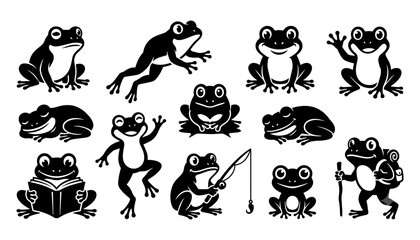 Obraz premium Frog Character Icon Set with Cute Cartoon Silhouettes and Water Lily, Book, Sword, and Hand-Drawn Poses