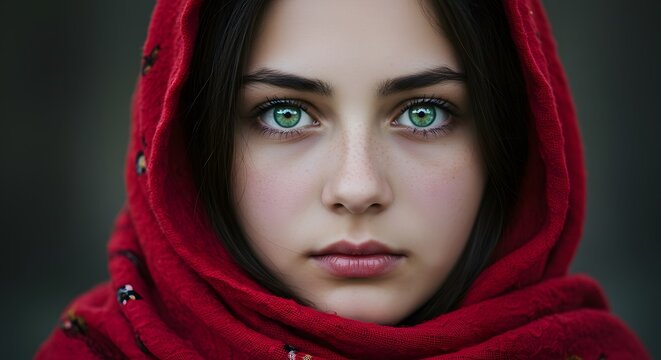 Young Woman with Bright Green Eyes Wearing Red Hooded Scarf Close Up Portrait