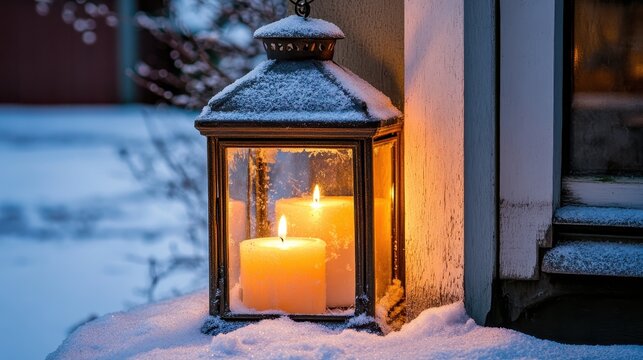 Cozy Christmas Lantern with Candles Illuminated by Warm Light on a Snowy Porch in Winter
