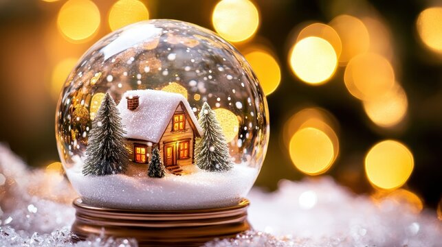 Enchanting Christmas snow globe featuring a miniature snow-covered house with warm glowing windows and festive trees.