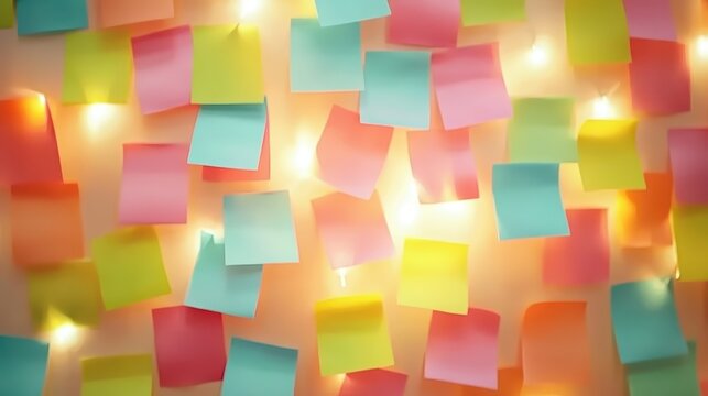 Colorful sticky notes displaying New Year resolutions on a bright, lit office wall