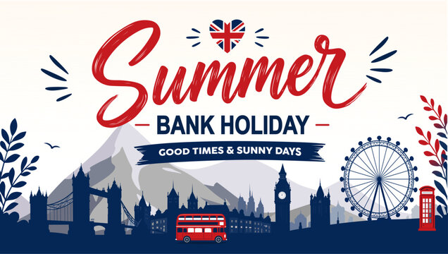 UK Summer Bank Holiday Web Banner Template. Flat vector horizontal banner celebrating the UK Summer Bank Holiday, featuring a London skyline silhouette and a Union Jack heart.