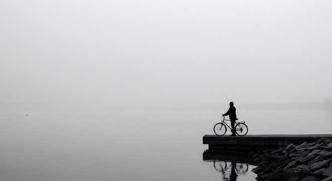 Solitary Person Biking on Pier in Misty Gray Landscape