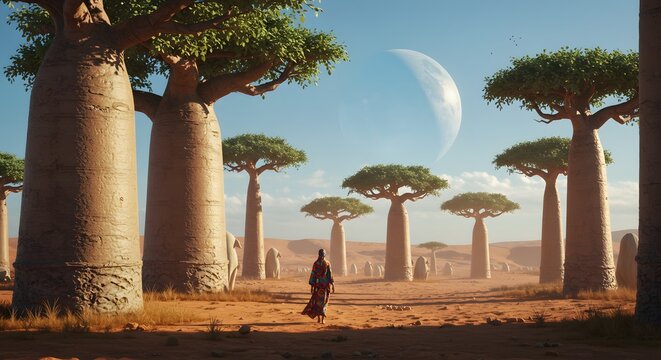 Woman Walking Through Baobab Tree Forest Under Large Moon in Desert Landscape