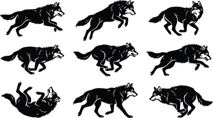 Fototapeta premium Running wolf silhouette collection, wild canine animal pose bundle, black wildlife vector illustration, isolated white background design