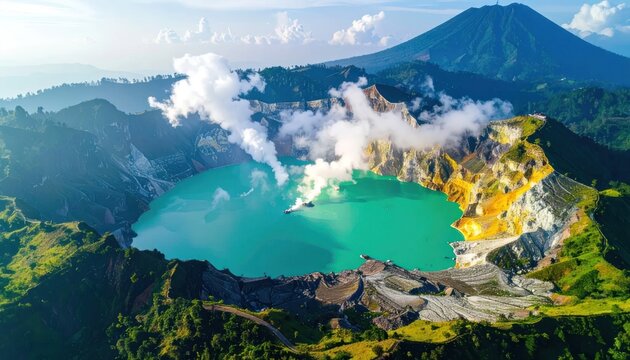 Sunlit turquoise crater lake in a lush volcanic landscape.