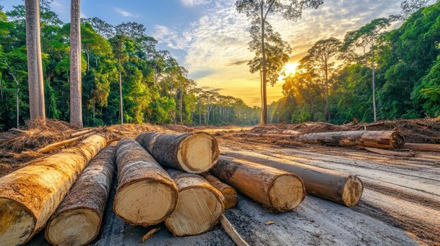 Felled Logs in an Active Logging Zone with Cleared Land and Lush Forest Backdrop Under Bright Sunlight