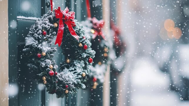 Festive Christmas wreaths adorned with red bows and golden ornaments hanging on a snowy front door during winter
