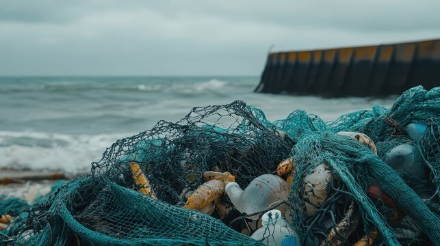 Entangled ocean plastic debris in fishing nets on a cloudy shore, highlighting marine pollution and its environmental impact.
