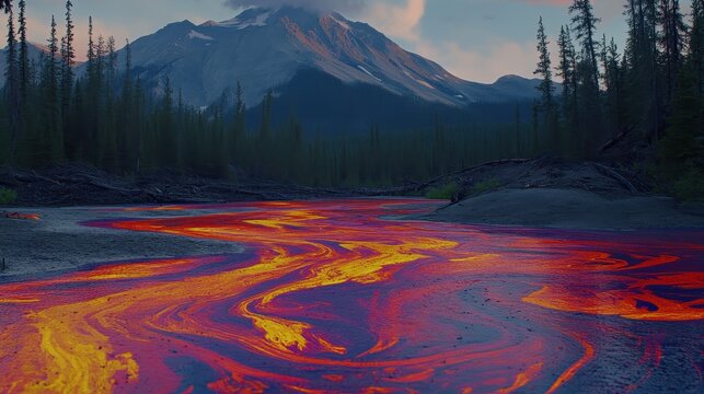 Fiery molten lava river flows through a dramatic volcanic landscape with a snow-capped mountain and dense forest under a cloudy sky.