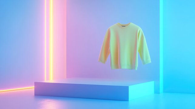 Floating Yellow Sweatshirt in a Vibrant Neon-Lit Abstract Studio Display for Modern Fashion Trends