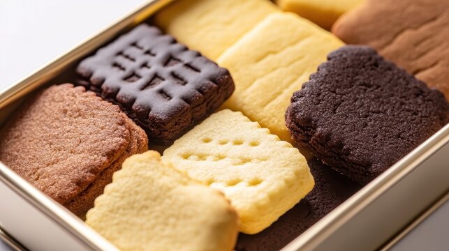 Delicious Assortment of Chocolate and Butter Cookies Arranged in a Festive Tin
