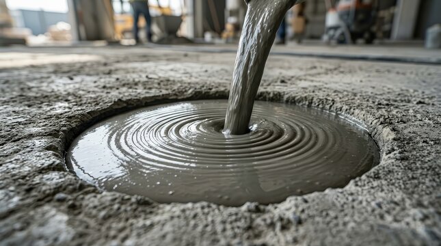 Wet cement mortar being poured into a floor crack for concrete repair.