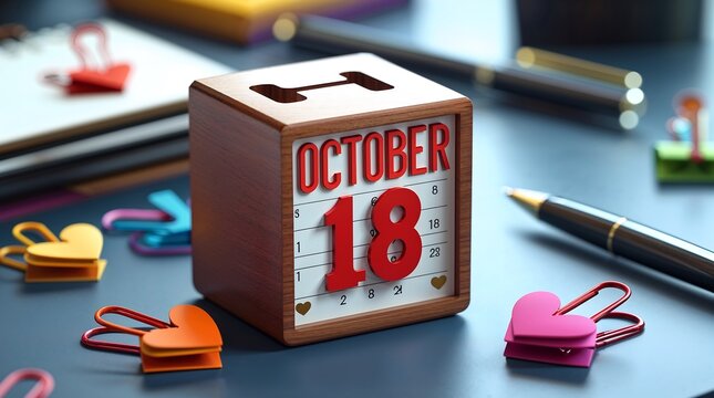 Wooden october calendar marking the 18th with office supplies
