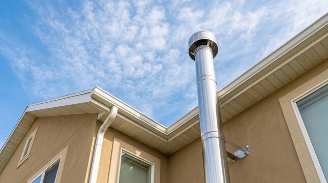 Radon mitigation system with an exterior side wall pipe mounted on a house against a clear sky.